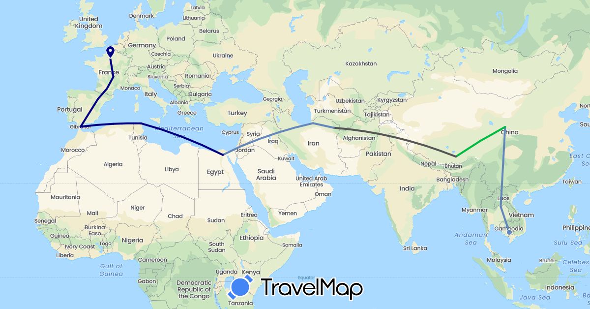 TravelMap itinerary: driving, bus, cycling, motorbike in China, Algeria, Egypt, Spain, France, Gibraltar, Iran, Jordan, Cambodia, Laos, Pakistan, Tunisia (Africa, Asia, Europe)